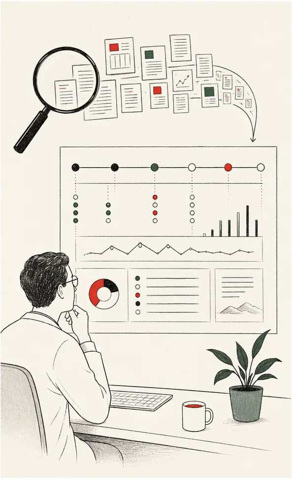 Ilustração editorial de um médico comparando laudos de exames com gráficos de evolução clínica.