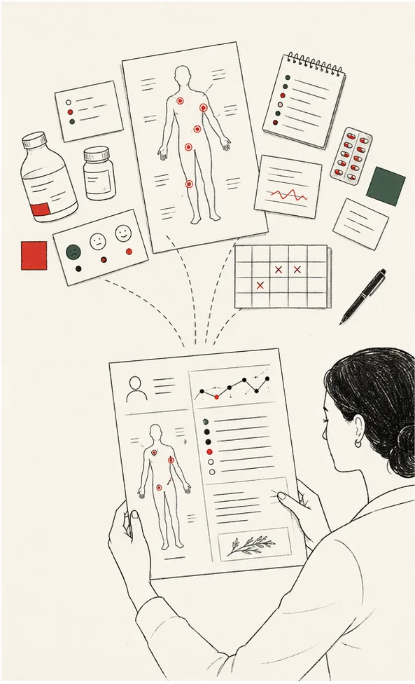 Ilustração editorial de mapa corporal, calendário e resumo de dor organizados para consulta.