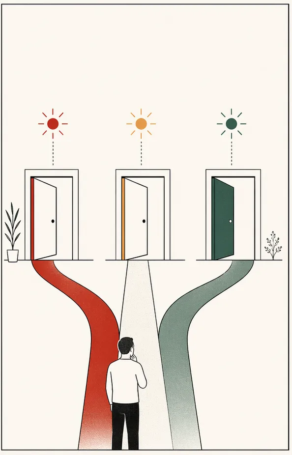 Ilustração editorial de uma triagem de sinais de alerta com caminhos de cuidado.