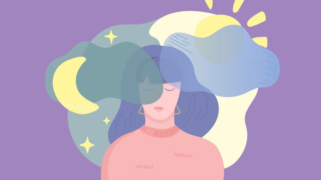 TCC-I para dor crônica e insônia: tratar o sono 1 Ilustração plana de mulher de olhos fechados com elementos de dia e noite ao redor da cabeça: sol com raios de um lado e lua crescente com estrelas do outro.