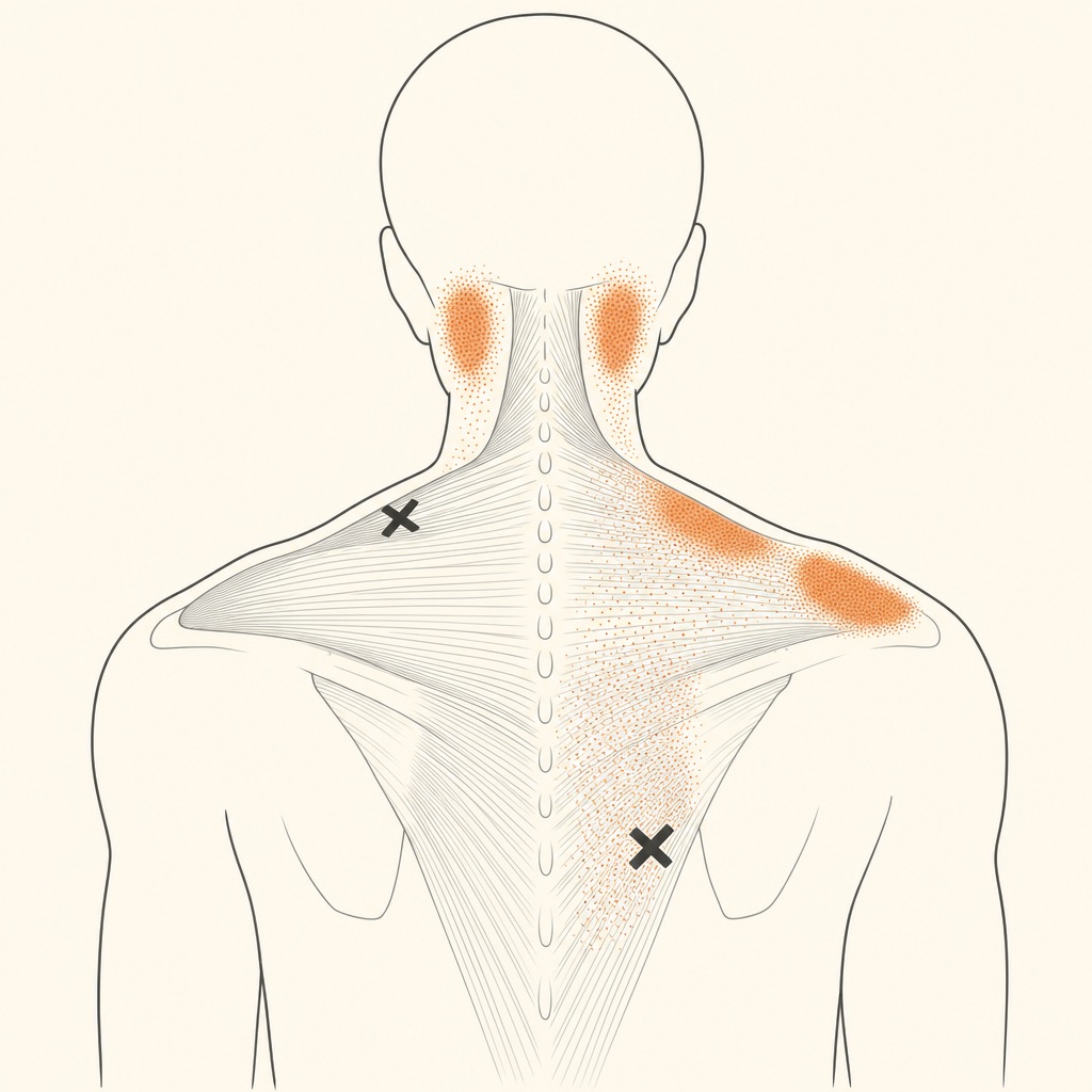 Ilustração das costas e pescoço com a musculatura do trapézio em vista posterior, pontos-gatilho marcados com X e manchas vermelhas indicando as áreas de dor referida.
