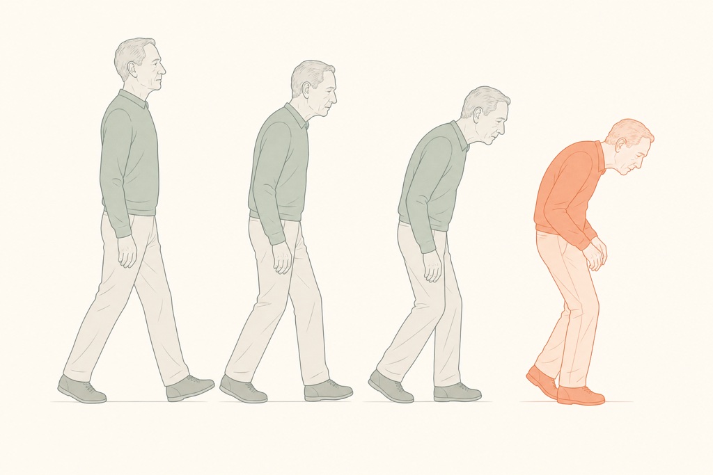 Sequência de imagens de um homem caminhando que progressivamente curva o tronco para frente e adota postura inclinada
