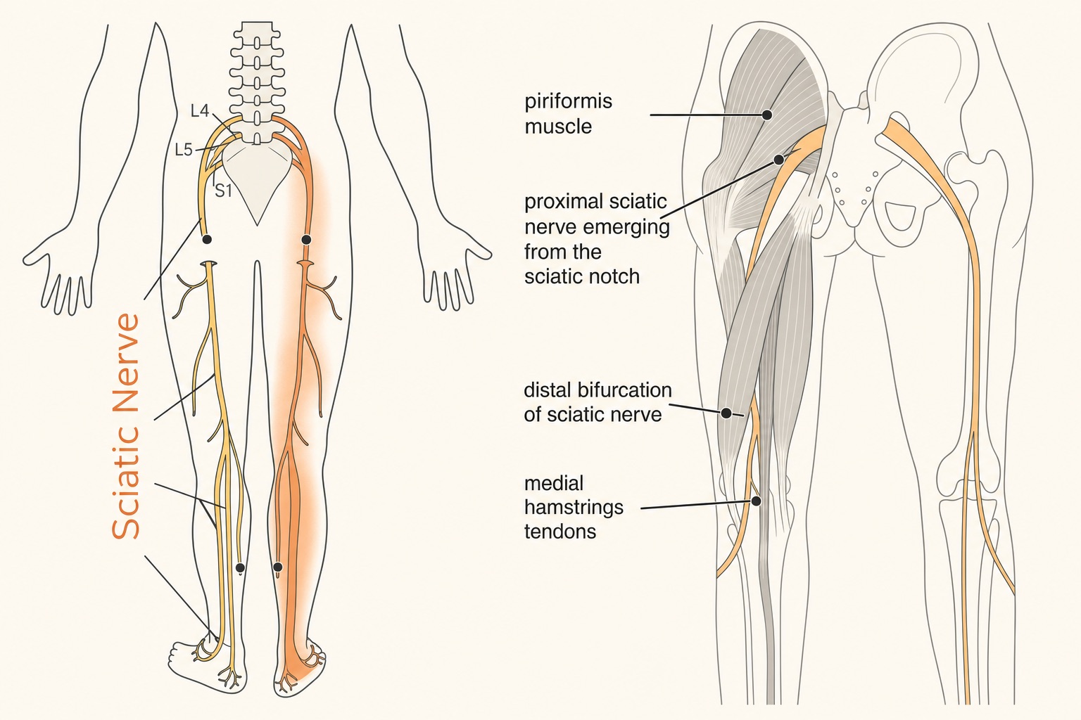 Diagrama anatômico com o nervo ciático em amarelo e vermelho e o musculo piriforme rotulado, indicando a emergência proximal do nervo no entalhe ciático e a bifurcacao distal.