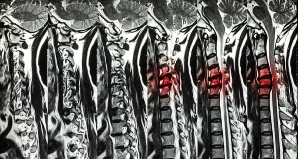 Série de ressonâncias magnéticas da coluna cervical em corte sagital, com segmentos degenerados destacados em vermelho