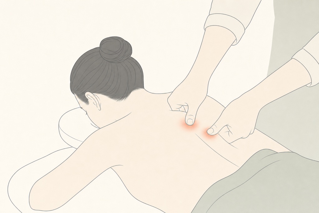 Polegares pressionando um ponto na parte superior das costas, técnica de pressão localizada tipo shiatsu.