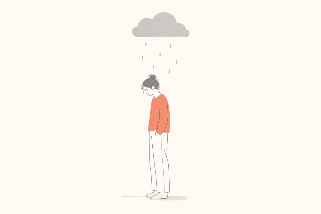 Ilustração plana de uma mulher de blusa vermelha cabisbaixa sob uma nuvem cinza que despeja chuva sobre ela