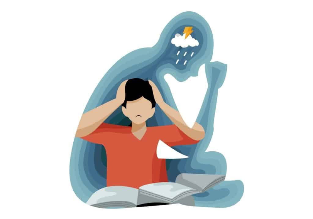 Ilustração de homem de camiseta vermelha segurando a cabeça, envolto por nuvem de chuva e raio sobre um livro aberto