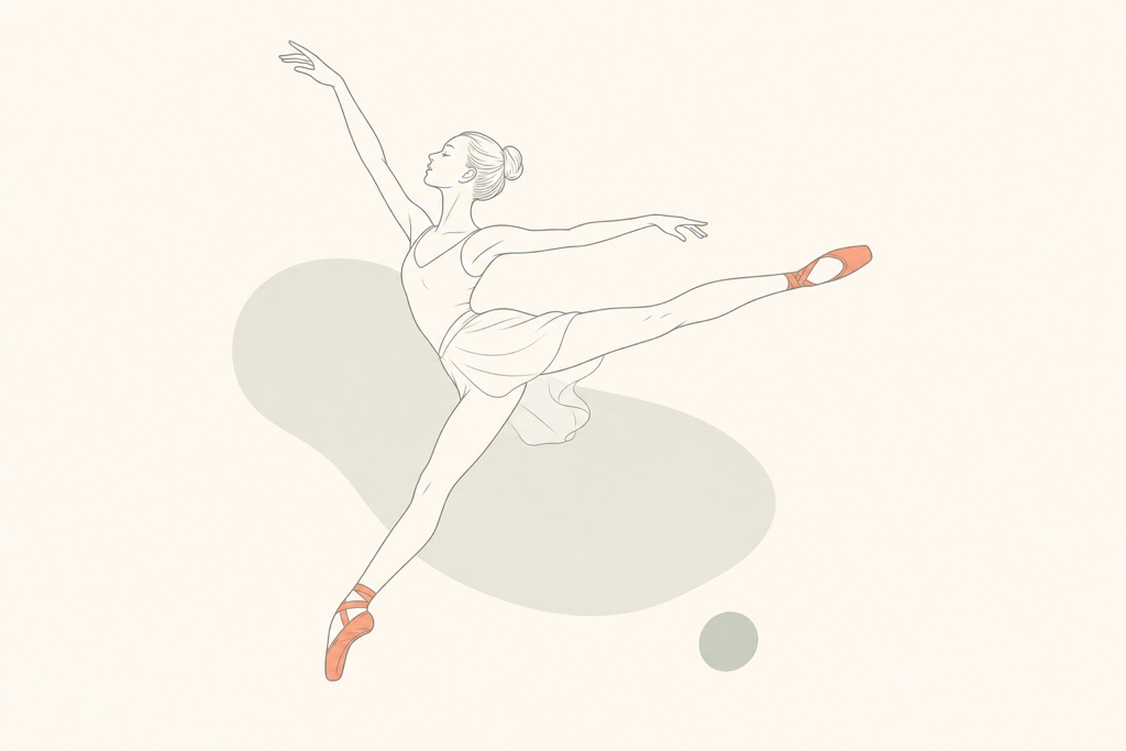 Silhueta de uma bailarina magra de tutu branco em pleno salto, com pernas e braços estendidos, sobre fundo claro.