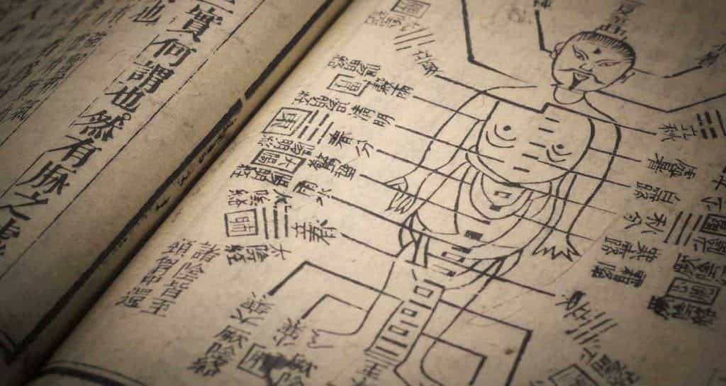 Página de tratado antigo de medicina chinesa com ideogramas e desenho do corpo humano marcado com meridianos e pontos de acupuntura