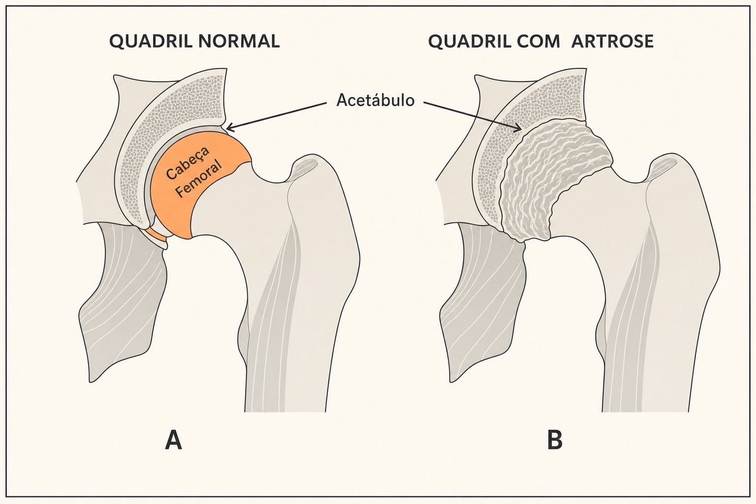 Diagrama comparando um quadril normal e um quadril com artrose, com a cabeça femoral e o acetábulo identificados; à direita a cartilagem aparece desgastada e irregular.