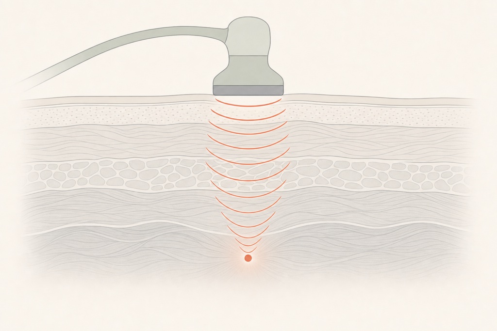 Ilustração abstrata de ondas acústicas azuis convergindo e focando sobre uma superfície curva em malha