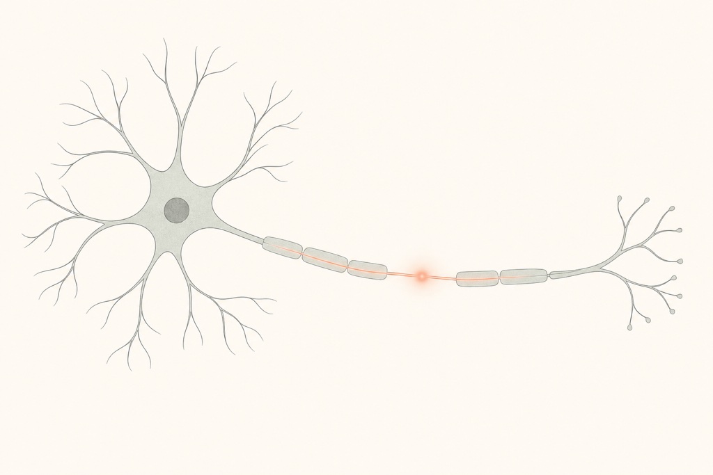 Renderizacao 3D de neurônios com corpos celulares e prolongamentos, alguns com sinais elétricos azulados percorrendo o axônio