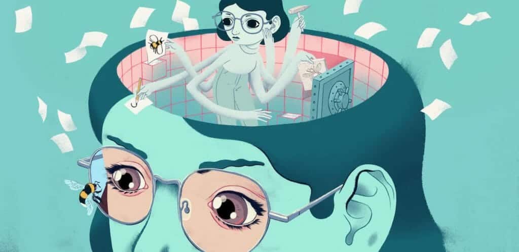 Ilustração editorial de uma cabeça aberta com uma pessoa sobrecarregada dentro tentando organizar tarefas enquanto papéis voam ao redor