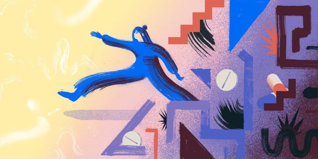 Ilustração abstrata de uma figura azul em salto cercada por formas geometricas e comprimidos