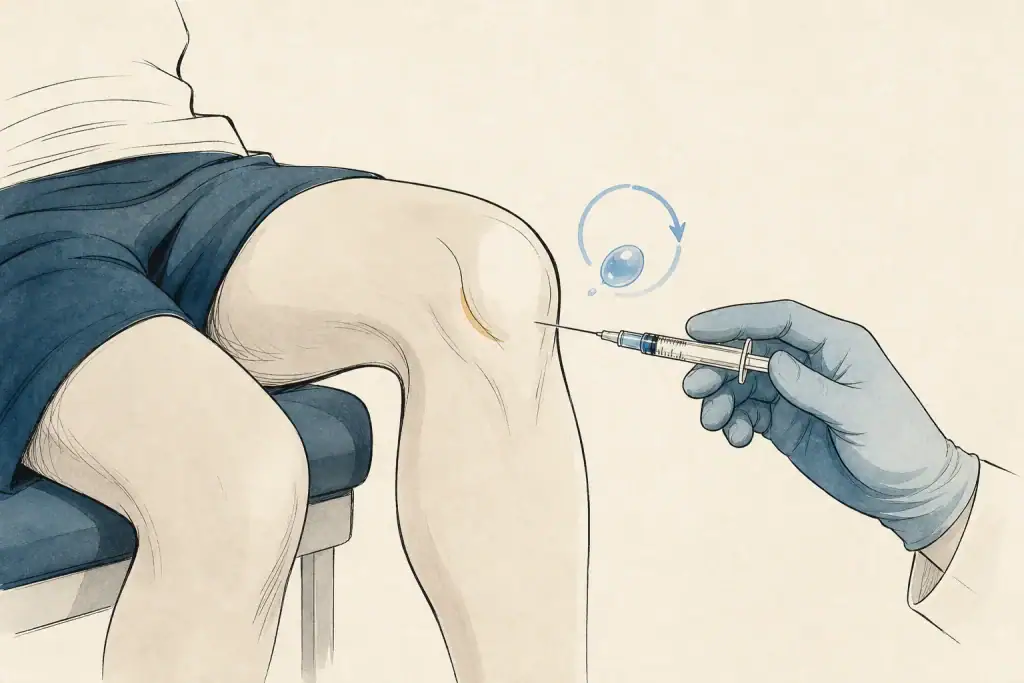 Ilustração editorial de uma infiltração com ácido hialurônico na articulação do joelho, com seringa posicionada ao lado da patela
