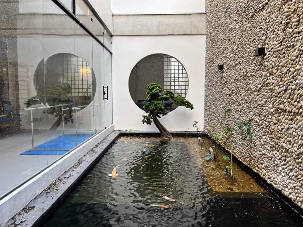 Jardim interno da Clínica Dr. Hong Jin Pai, com espelho d'água, carpas, bonsai e janela circular