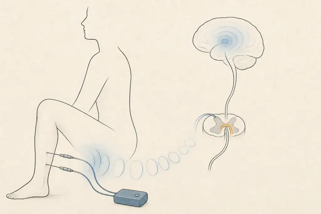 Ilustração editorial de eletroacupuntura na perna, com pulsos percorrendo o trajeto até a medula espinhal e o cérebro
