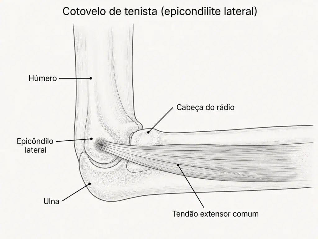 Ilustração anatômica lateral do cotovelo identificando úmero, epicôndilo lateral, cabeça do rádio, ulna e tendão extensor comum.