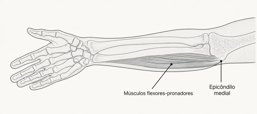 Ilustração anatômica do antebraço em vista anterior, com músculos flexores-pronadores e epicôndilo medial identificados em português.