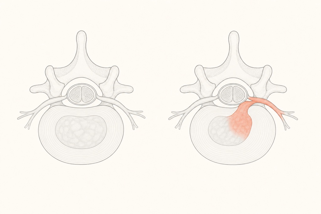 Render 3D de crânio e coluna cervical de perfil com os discos do pescoço realcados em amarelo e laranja