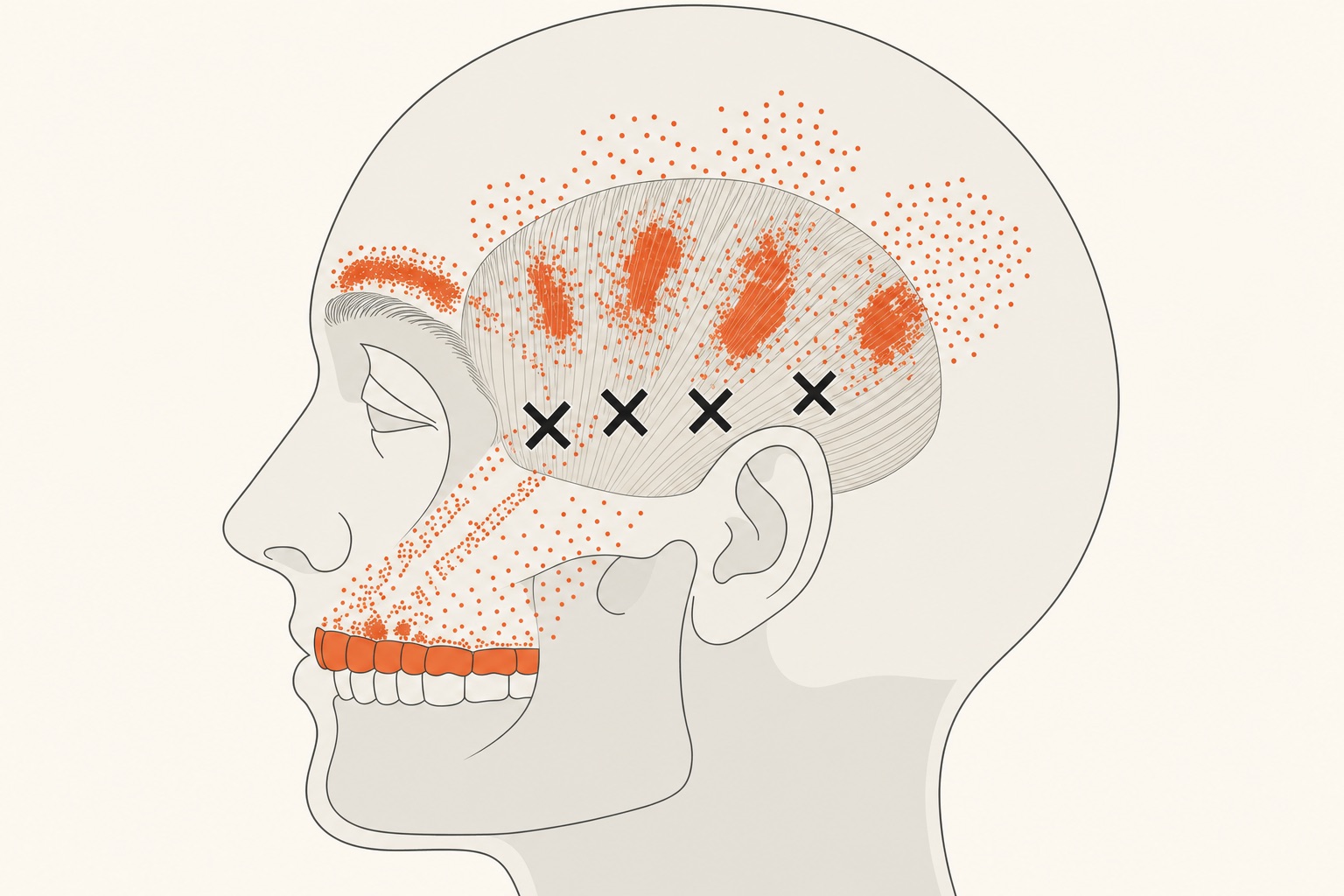 Render 3D do perfil de uma cabeça com o músculo temporal e o masseter destacados, marcas de X sobre pontos-gatilho e áreas vermelhas de dor referida na têmpora e crânio.