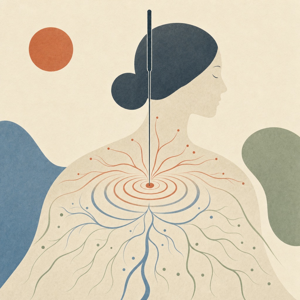 Ilustração editorial abstrata: uma única agulha em um ponto, da qual partem anéis e linhas que se espalham pelo corpo, representando as camadas da resposta