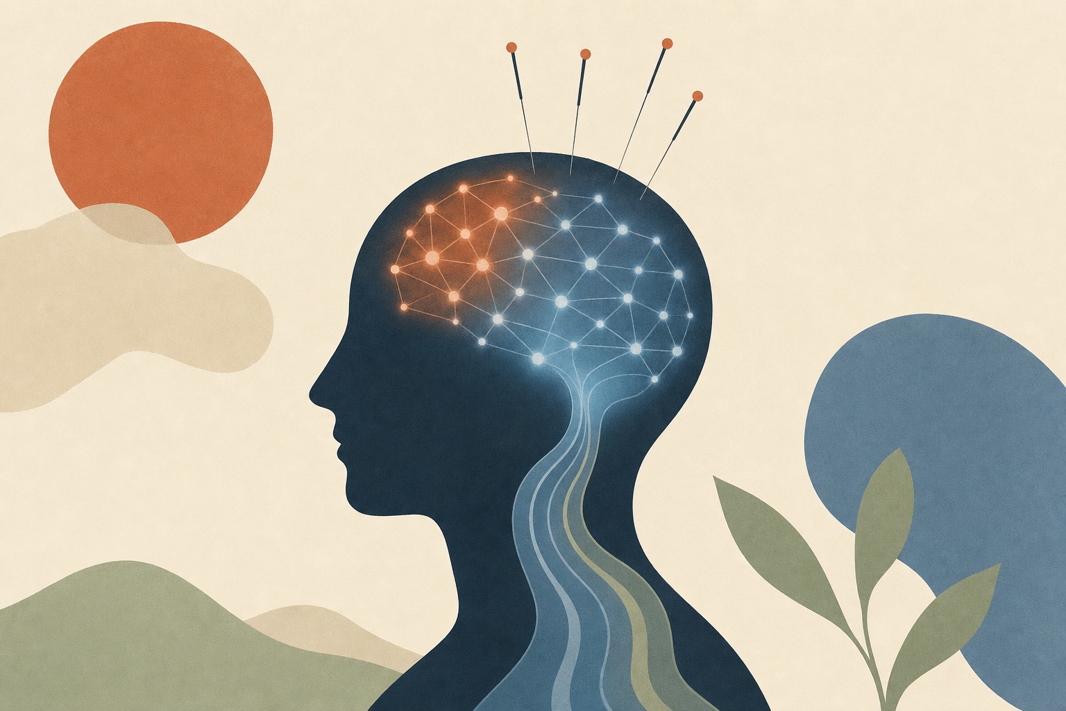 Ilustração editorial abstrata: cabeça de perfil com uma rede cerebral que passa do vermelho agitado ao azul calmo, com ondas descendo pelo corpo