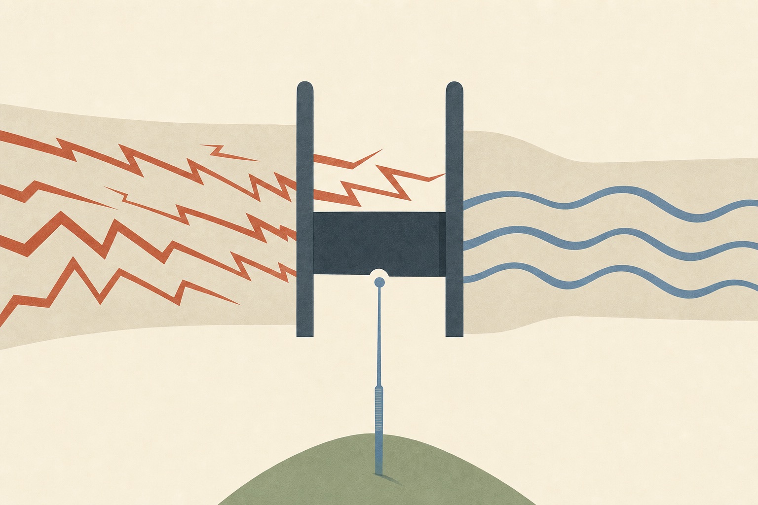 Ilustração editorial abstrata: uma comporta no centro de um canal segura sinais de dor em ziguezague, deixando passar apenas ondas suaves, enquanto uma agulha a fecha por baixo
