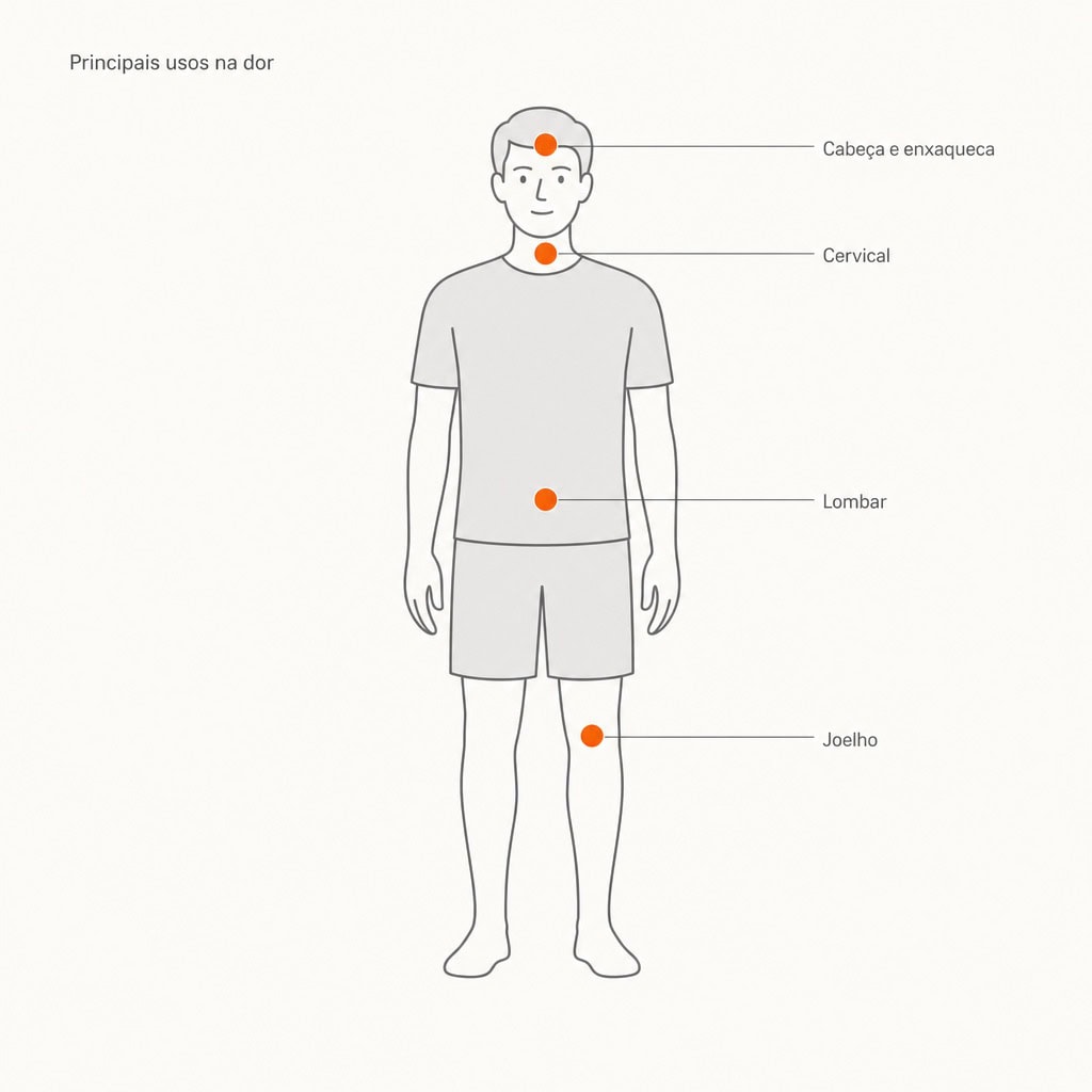 Mapa do corpo: principais usos da acupuntura na dor — cabeça e enxaqueca, cervical, lombar e joelho.