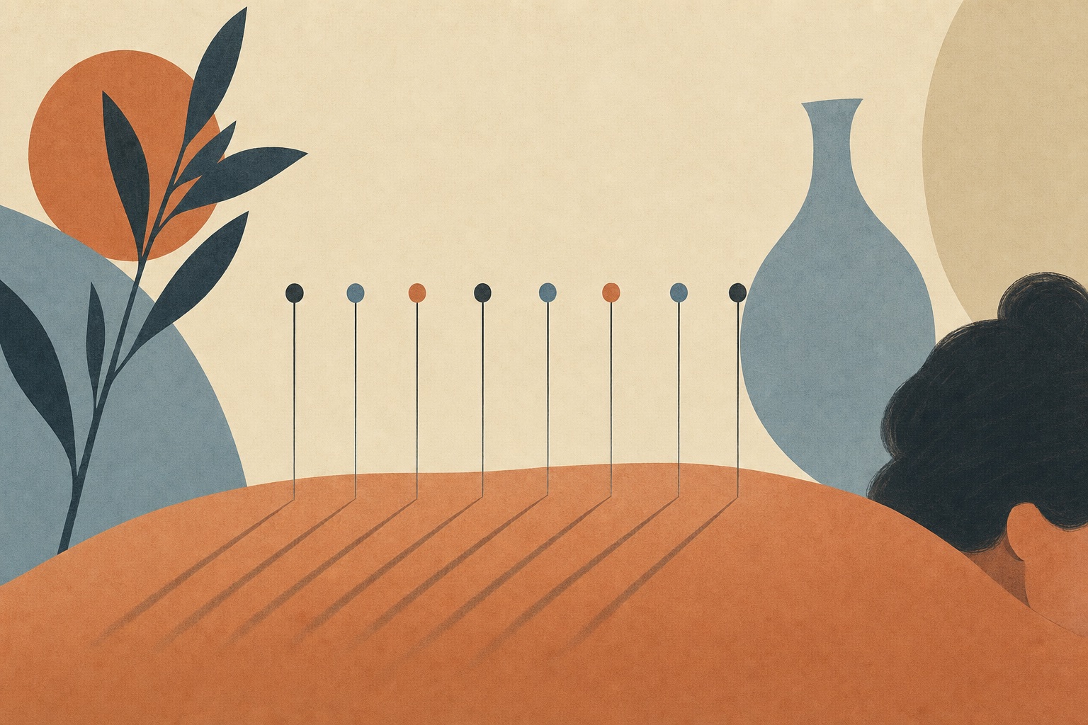 Ilustração editorial abstrata: fileira de agulhas de acupuntura dispostas em ritmo calmo sobre uma superfície, projetando sombras longas