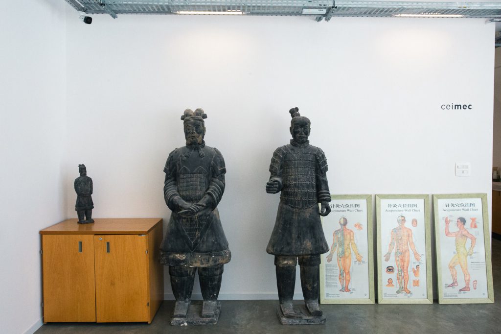 Ambiente da clinica com estatuas de guerreiros de terracota e quadros de mapas de acupuntura