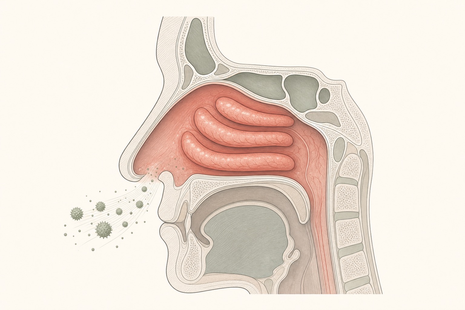Corte lateral da cavidade nasal mostrando a mucosa inchada e avermelhada com a legenda Cavidade nasal: rinite alérgica