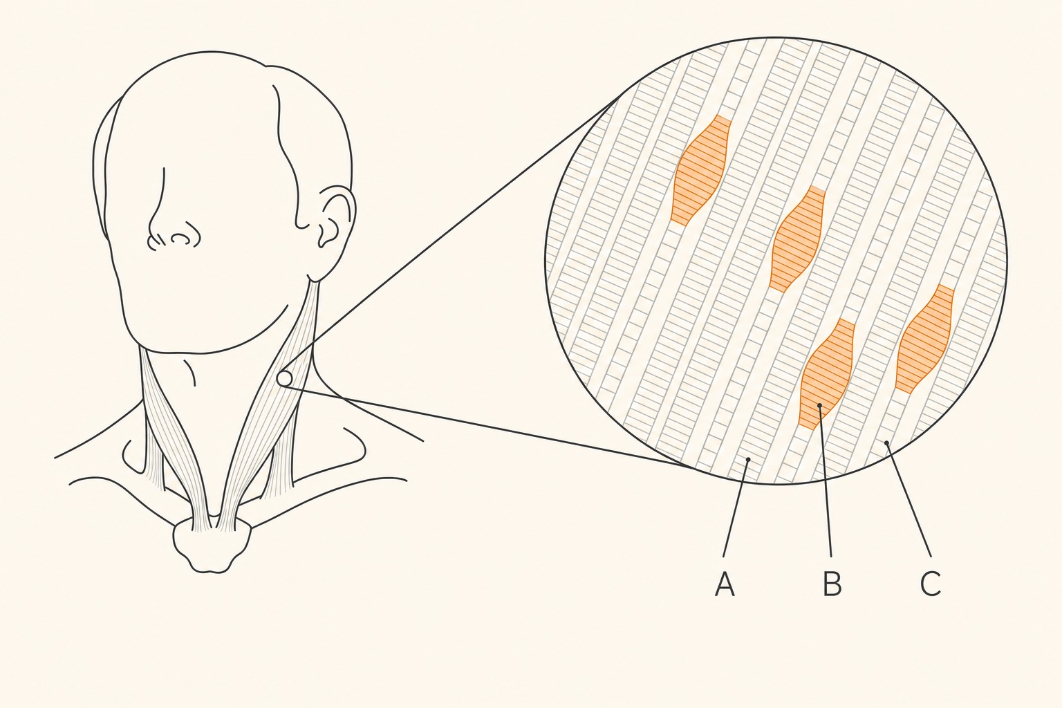 Desenho da nuca e ombro com ampliação das fibras musculares destacando uma banda tensa e três nódulos de ponto-gatilho identificados como A, B e C.