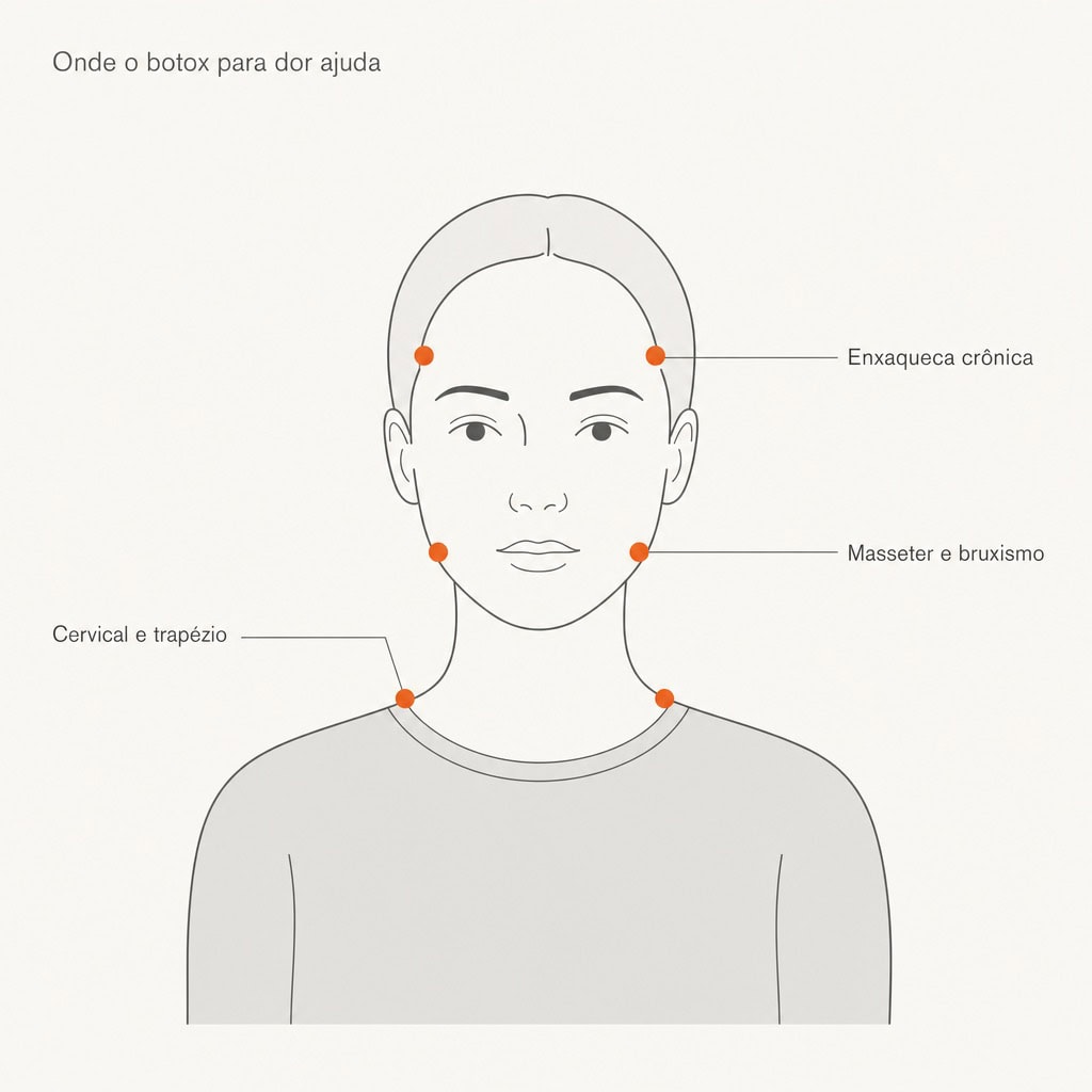 Mapa mostrando onde o botox para dor ajuda: enxaqueca crônica, dor cervical e do trapézio, e dor no masseter (bruxismo).