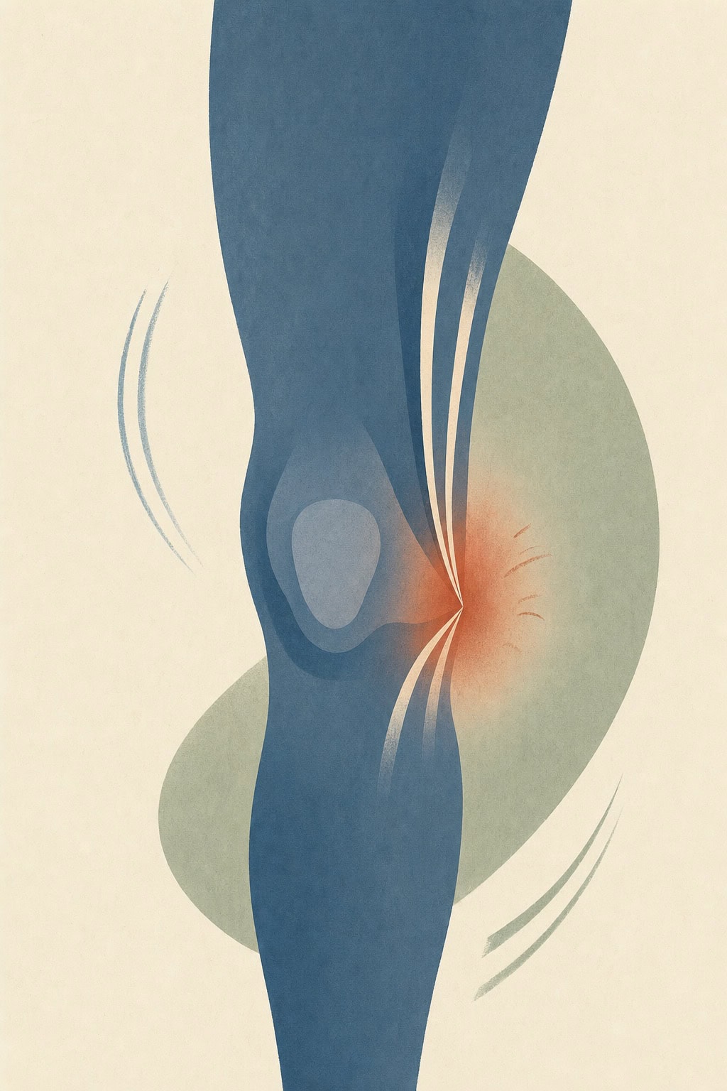 Ilustração editorial abstrata: joelho dobrado com tendões convergindo como uma pata de ganso na face interna, com calor e marcas de atrito por sobrecarga