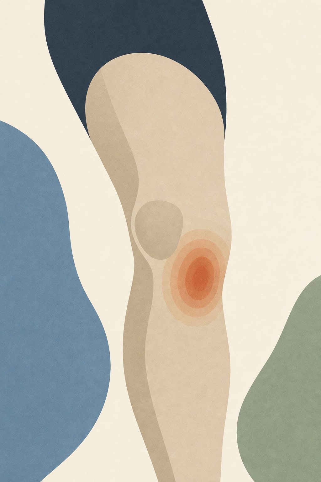 Ilustração editorial abstrata: perna com o joelho dobrado e um halo de calor na face interna, abaixo da patela, marcando a bursa anserina inflamada