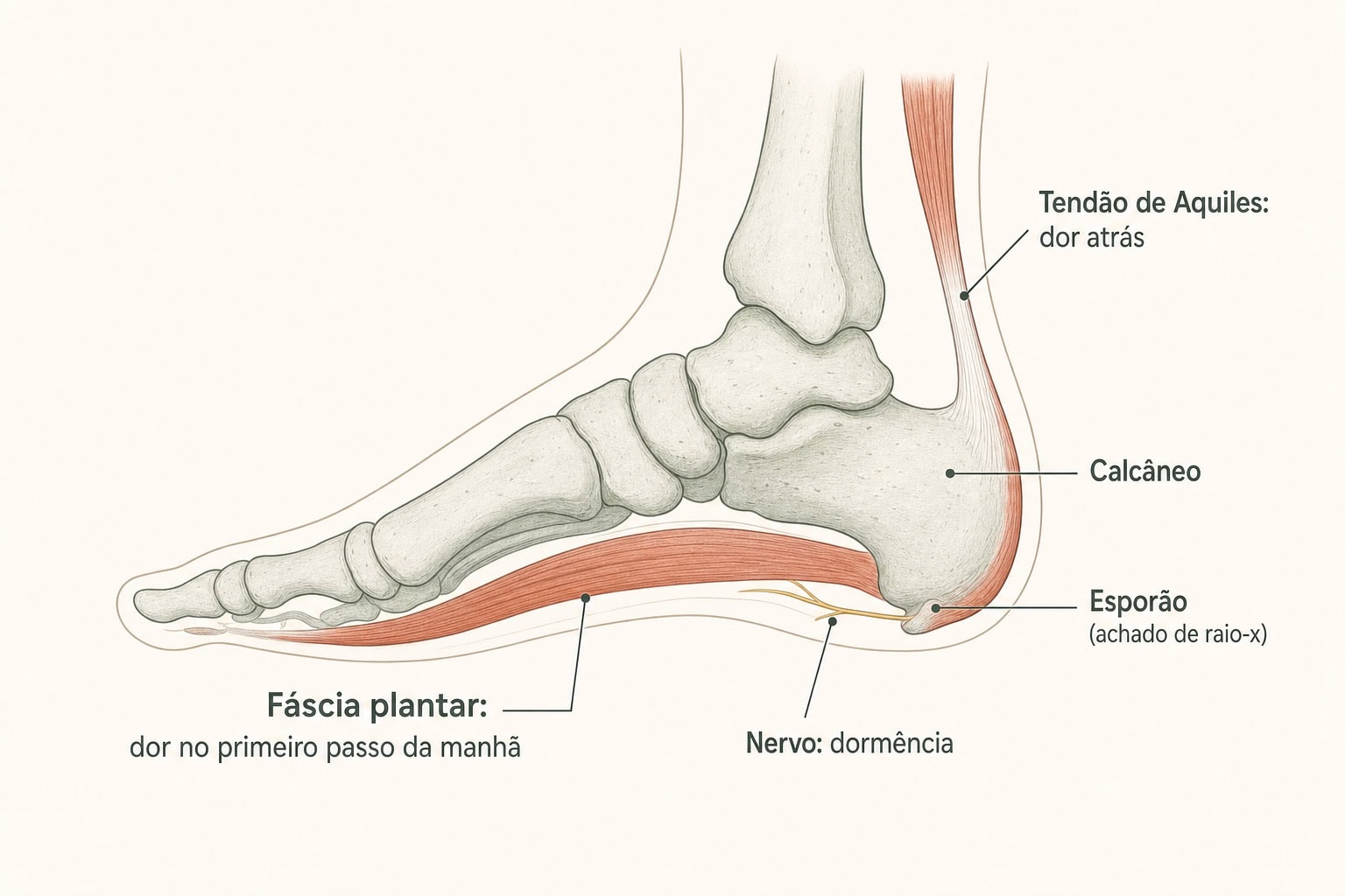 Ilustração anatômica lateral do pe rotulada em português indicando tendão de Aquiles, calcâneo, esporão, fáscia plantar e nervo, com a localização típica de dor de cada estrutura.