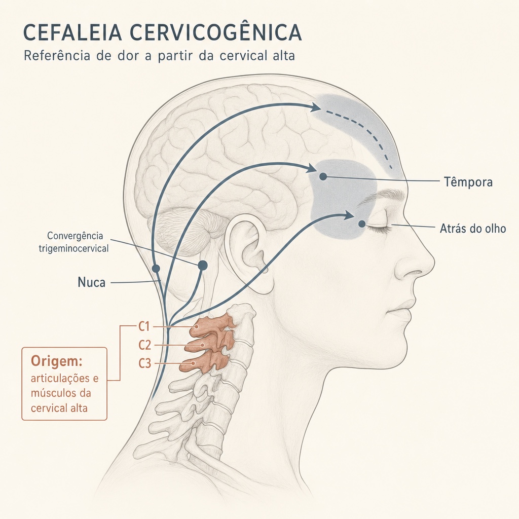 Como a dor da cervical alta, das articulações e músculos de C1 a C3, é referida para a nuca, a têmpora e a região atrás do olho, pela convergência trigeminocervical