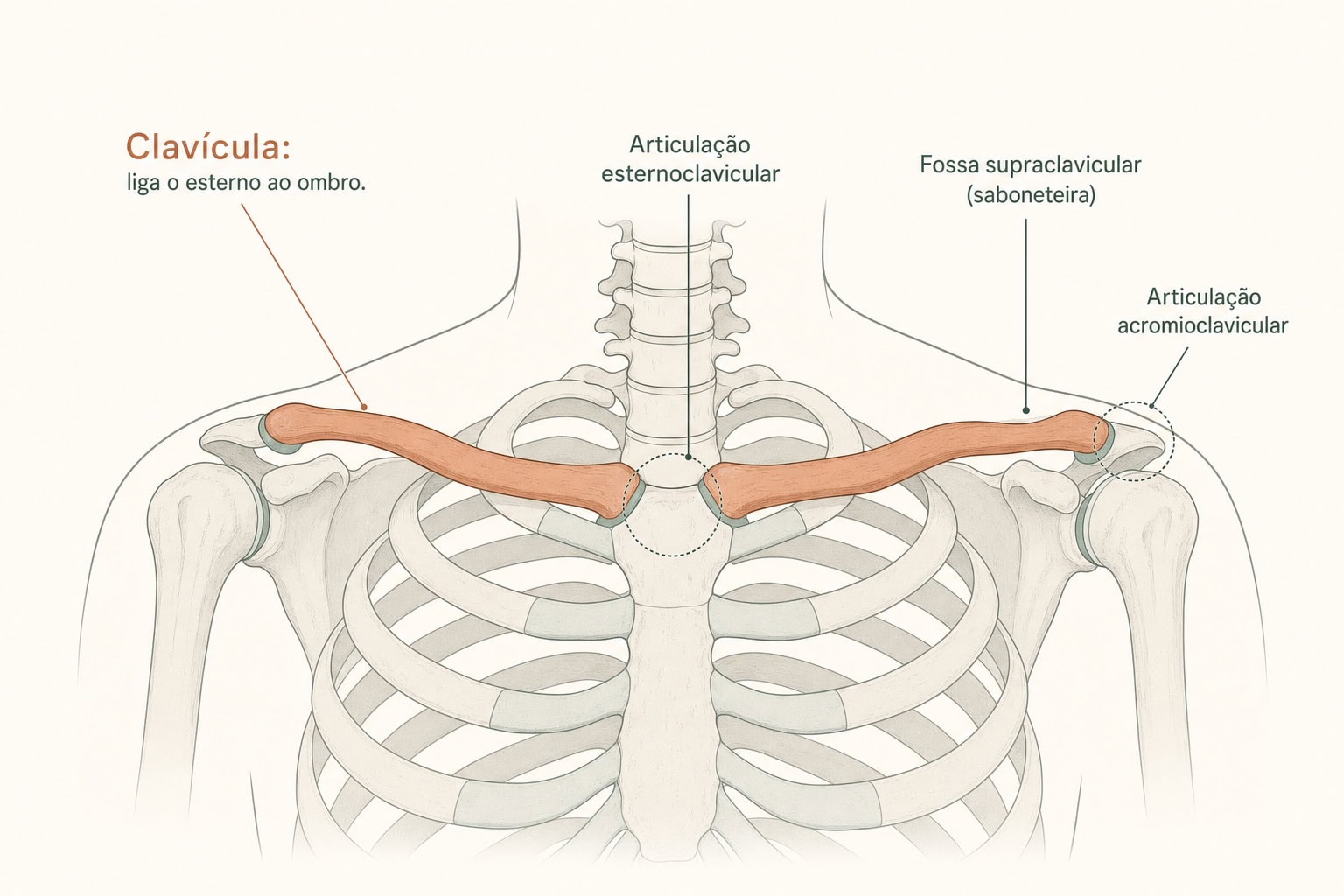 Anatomia da clavícula em vista frontal: o osso em S ligando o esterno ao ombro, as articulações esternoclavicular e acromioclavicular, e a fossa supraclavicular (saboneteira)