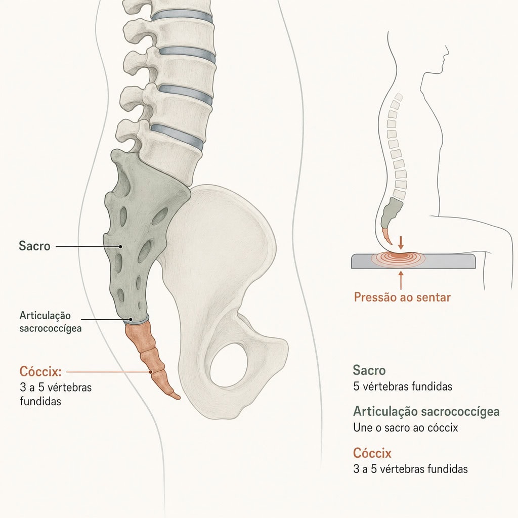 Anatomia do cóccix na base da coluna, em vista lateral: o cóccix formado por três a cinco vértebras fundidas abaixo do sacro, e o ponto de pressão sobre ele ao sentar