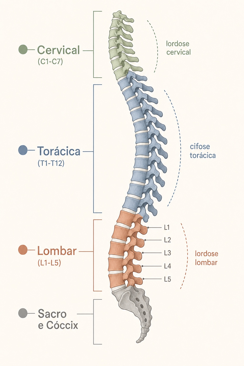 Anatomia da Coluna Vertebral: O que você precisa saber 3 Diagrama da coluna vertebral em vista lateral com os segmentos cervical, torácico, lombar, sacro e cóccix identificados e as vértebras L1 a L5 nomeadas