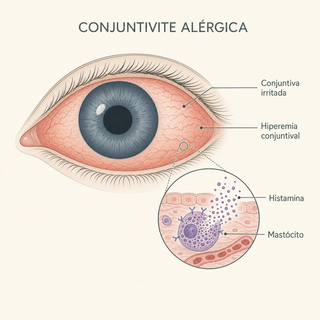 Rosto com detalhe ampliado de um olho vermelho e irritado representando conjuntivite alérgica