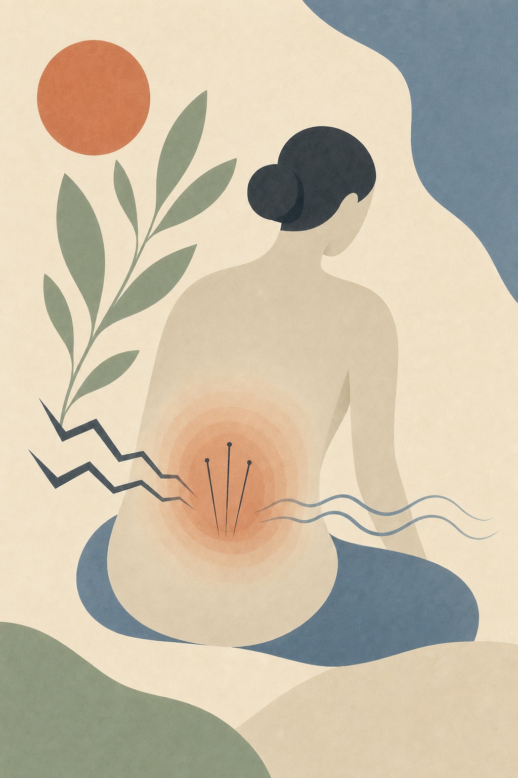 Ilustração editorial abstrata: figura vista de costas com a região lombar acalmada por um halo de calor e algumas agulhas de acupuntura, a tensão se dissolvendo em ondas