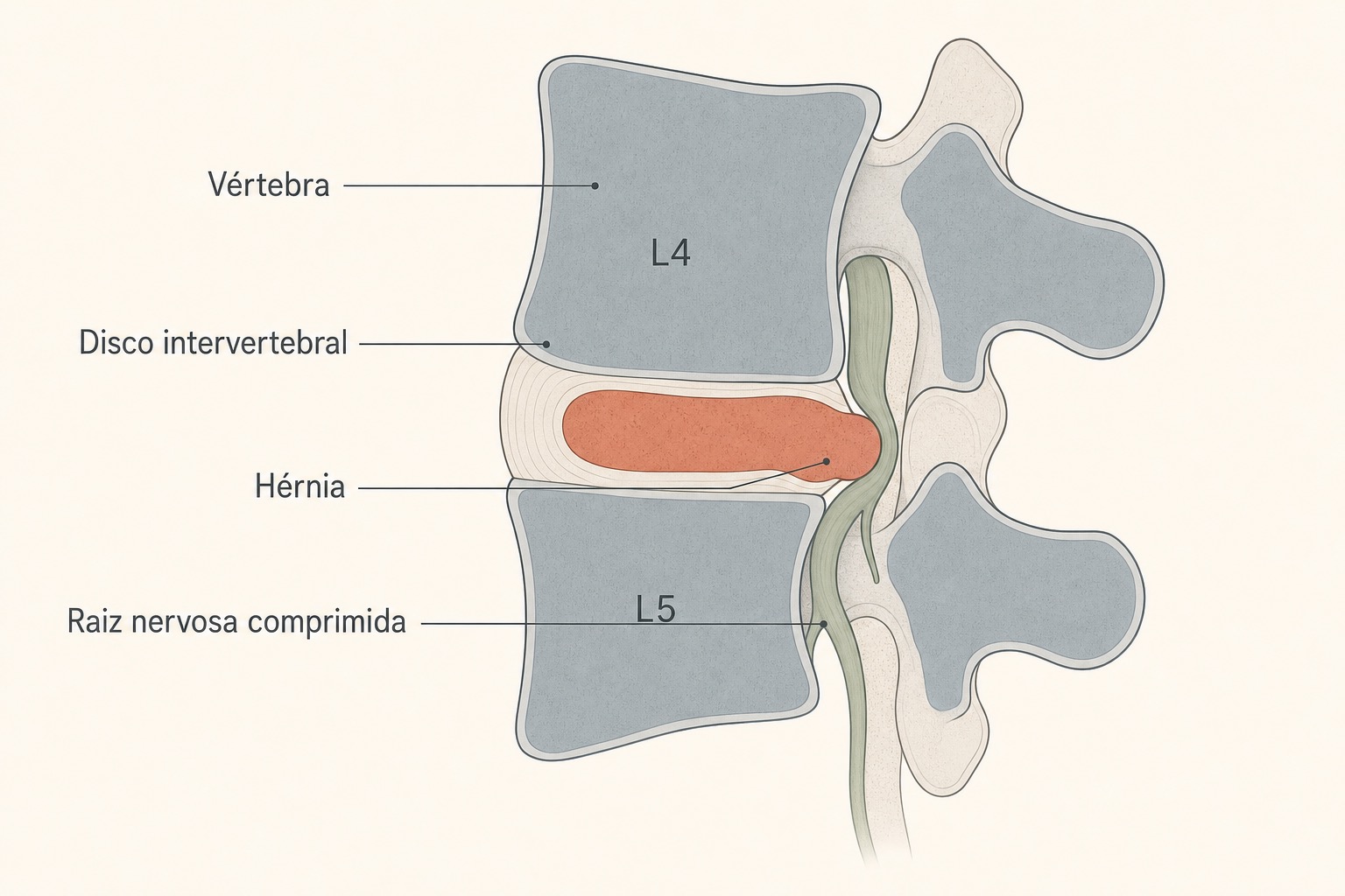 Diagrama em corte superior de vértebra com disco normal ao lado de disco herniado comprimindo a raiz nervosa