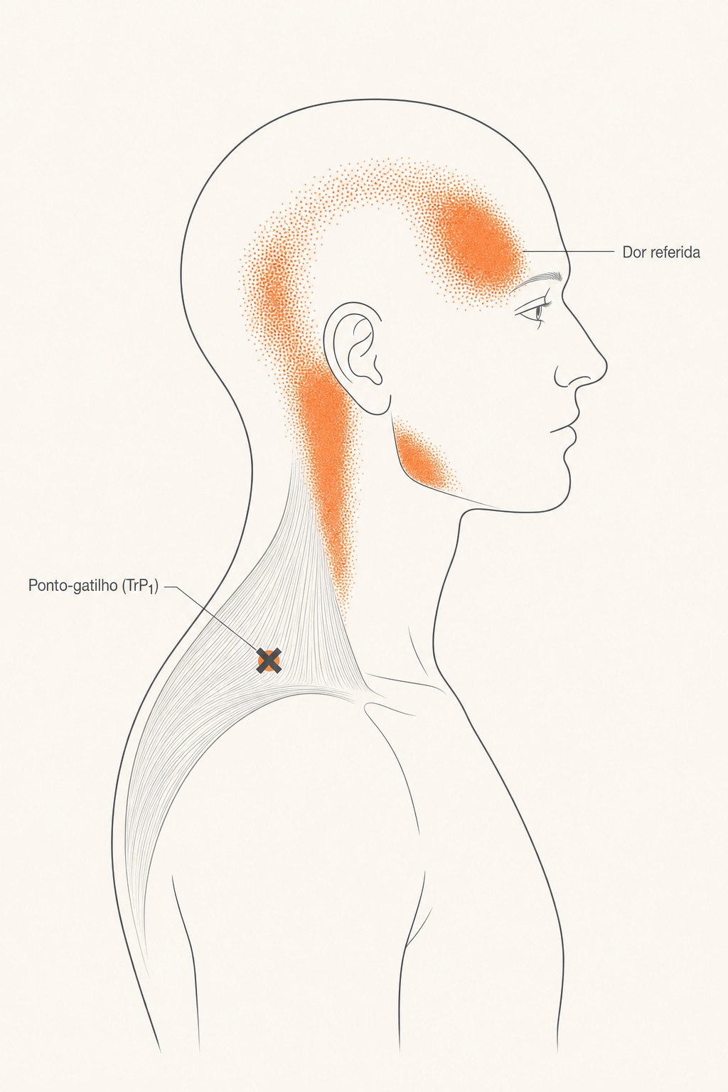Dry Needling ou Agulhamento Seco - O que você precisa saber 9 Desenho de perfil de cabeça e pescoço com o ponto-gatilho do trapézio superior marcado e a dor referida em vermelho para a cabeça e a têmpora