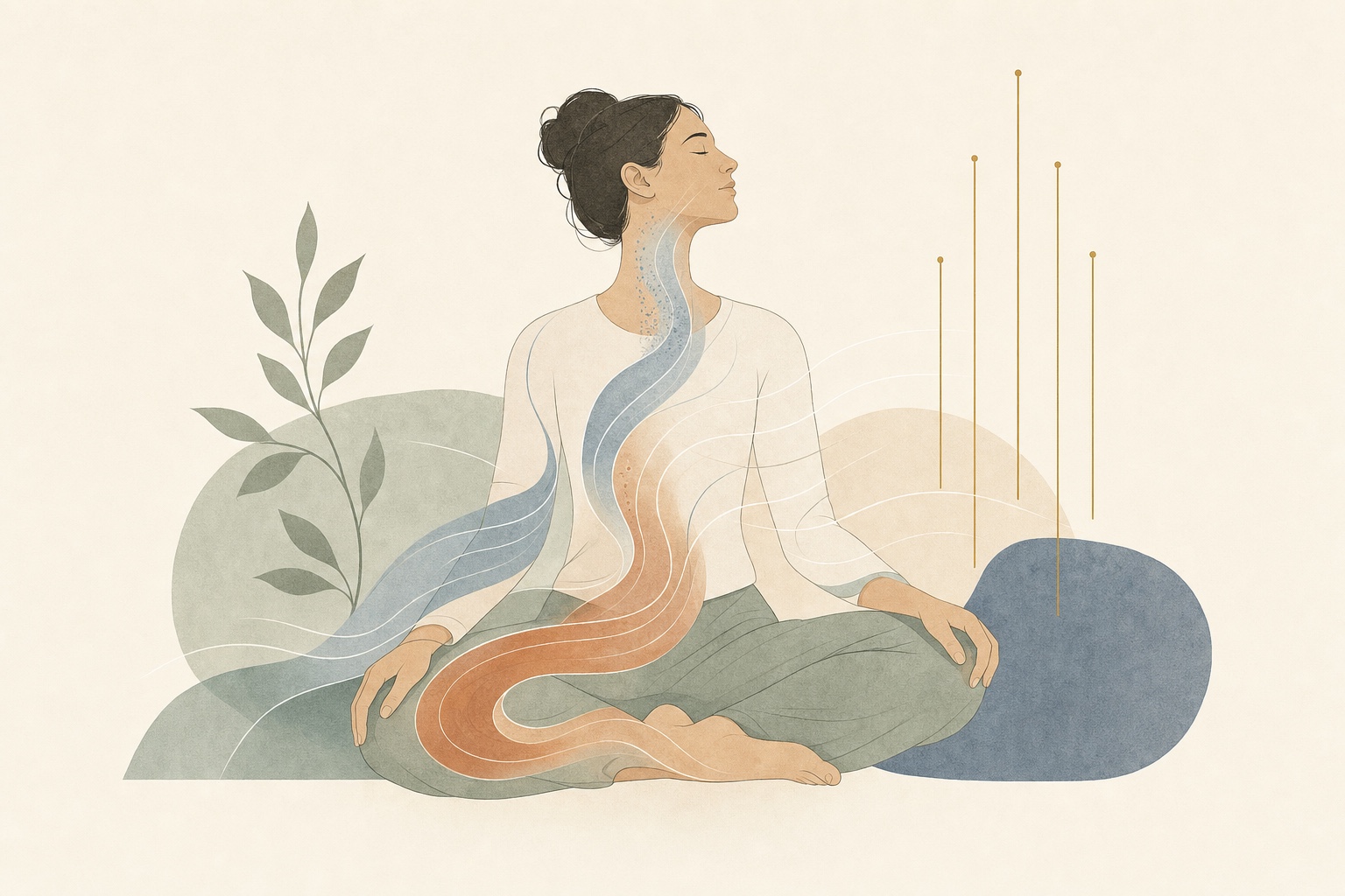 Ilustração editorial: pessoa serena em meditação com correntes de bem-estar percorrendo o corpo, representando os efeitos gerais da acupuntura no alívio da dor e no relaxamento.
