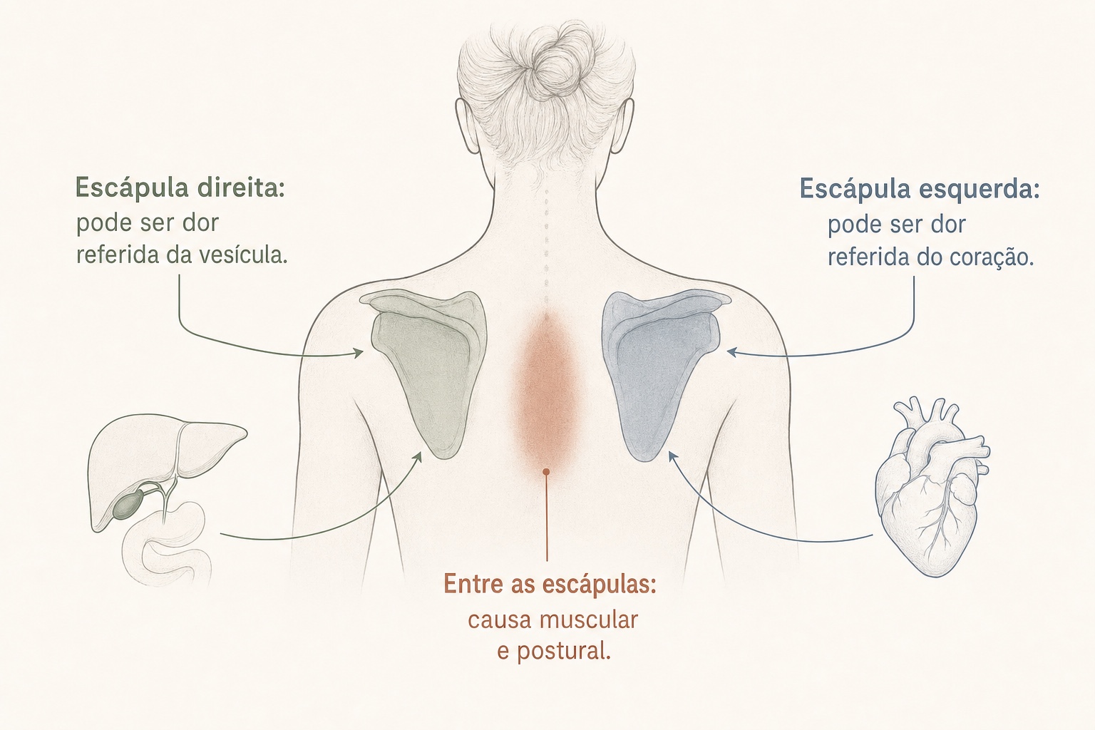 Dor no serrátil anterior: escápula e tórax 4 Ilustração das costas com as duas escápulas: a direita ligada por seta a um fígado e vesícula, a esquerda a um coração, e a região entre as escápulas marcada como muscular e postural.