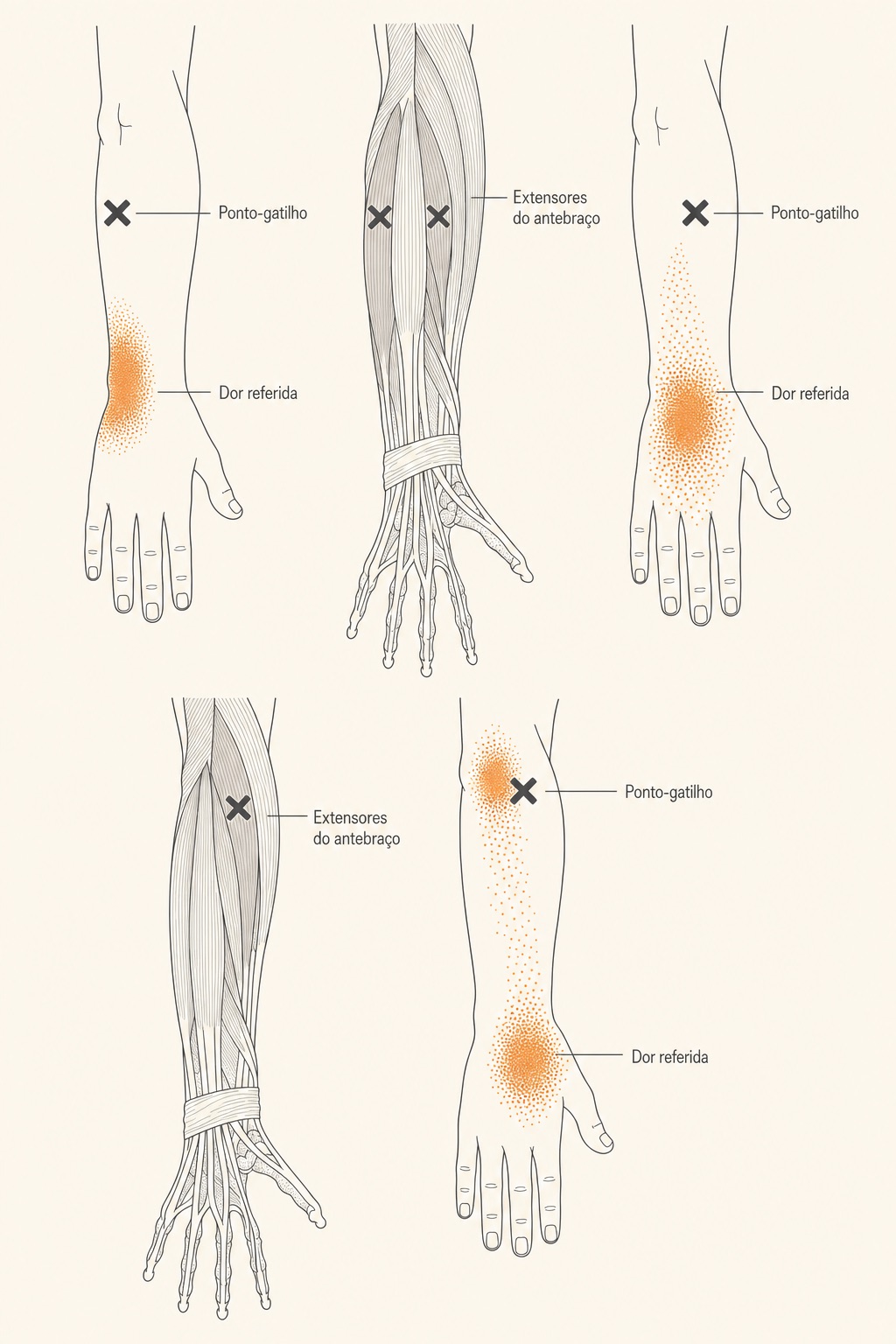 Diagrama dos músculos extensores do antebraço com pontos-gatilho (X) e a dor referida no epicôndilo lateral, dorso do antebraço e mão.