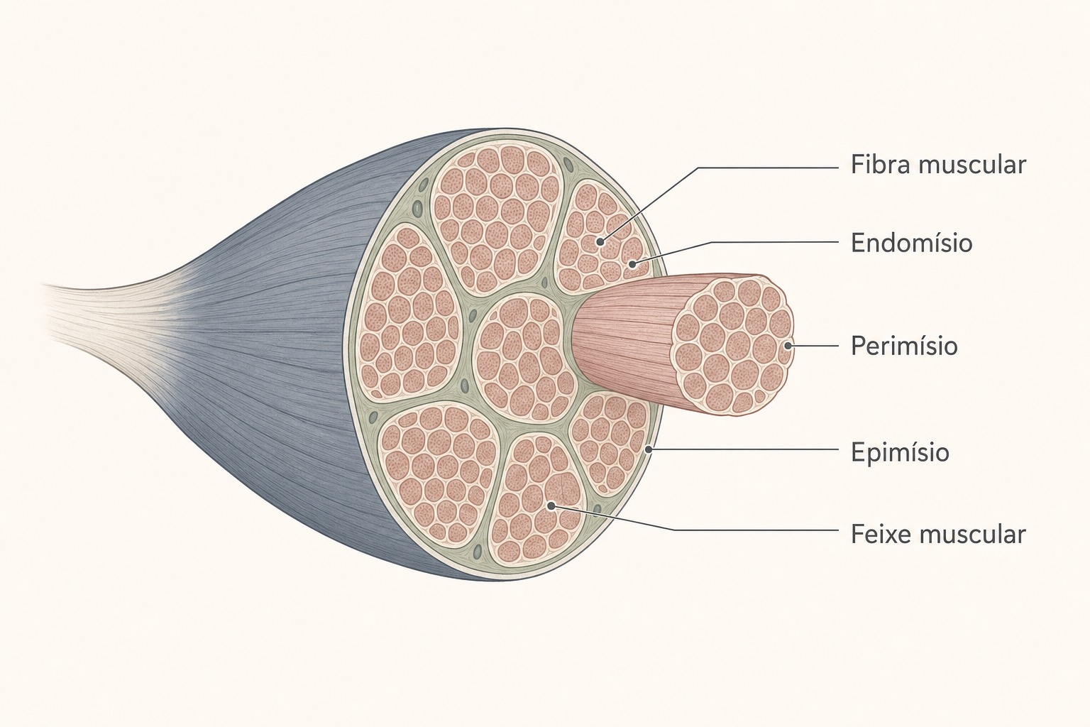 Render 3D da estrutura de um musculo esquelético, mostrando o ventre muscular seccionado, os feixes de fibras e seu posicionamento no corpo humano.