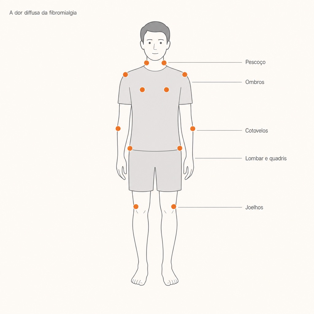 Mapa do corpo: dor difusa e simétrica da fibromialgia — pescoço, ombros, cotovelos, lombar e quadris, joelhos.